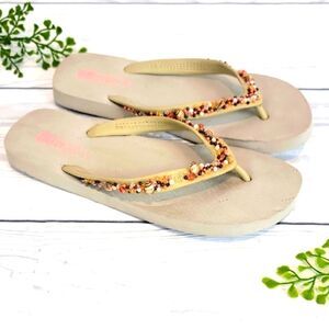Roxy Women's Seashell Beaded Tan Flip Flops Size 7/8